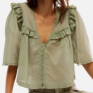 Free People Sage Green Ruffled Crochet Trim Blouse